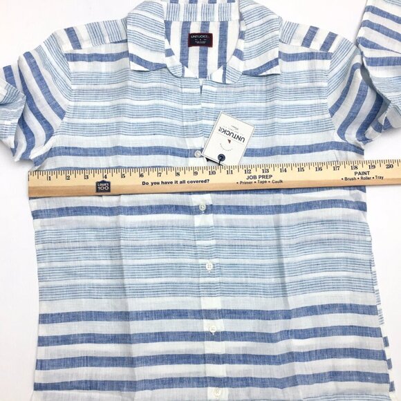 New UNTUCKit Women's Linen Shirt Blue White Stripe Vietti Button Up size 4 - Picture 4 of 7